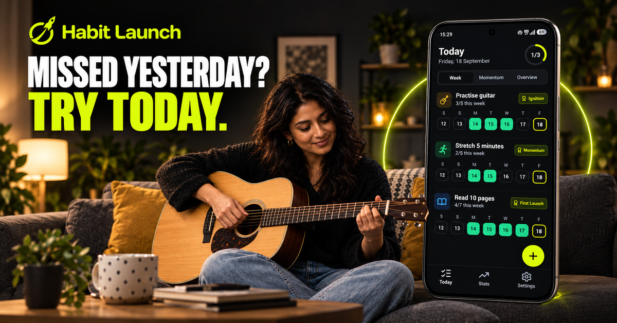 Woman playing guitar beside the Habit Launch Today screen